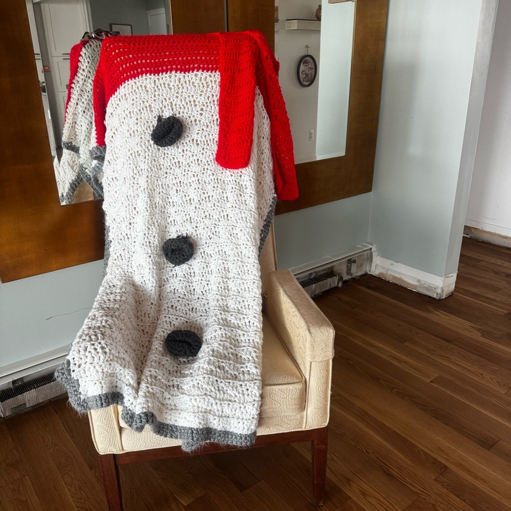Handmade Snowman Crochet Afghan Blanket with Scarf & Pom Buttons 63.5 x 38.5